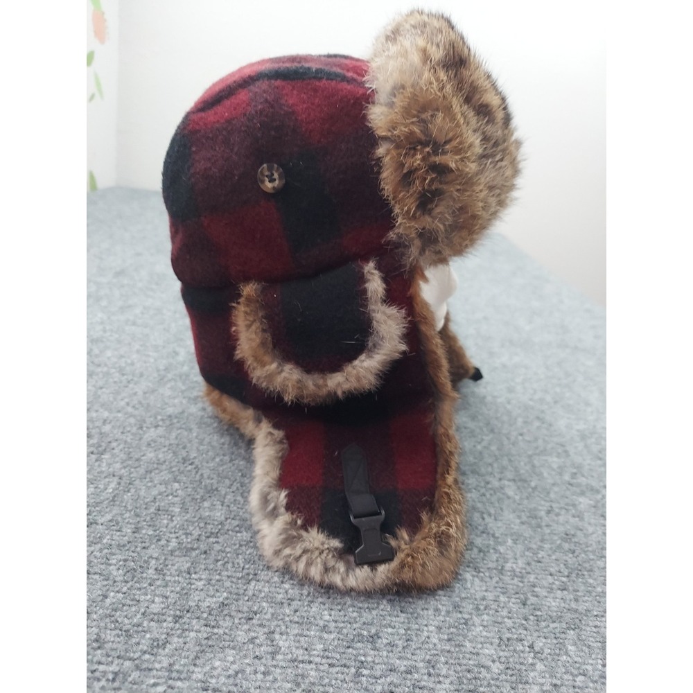 Mad Bomber Wool Rabbit Fur Trapper Hat XXL Red Plaid Aviator Ear Flaps READ